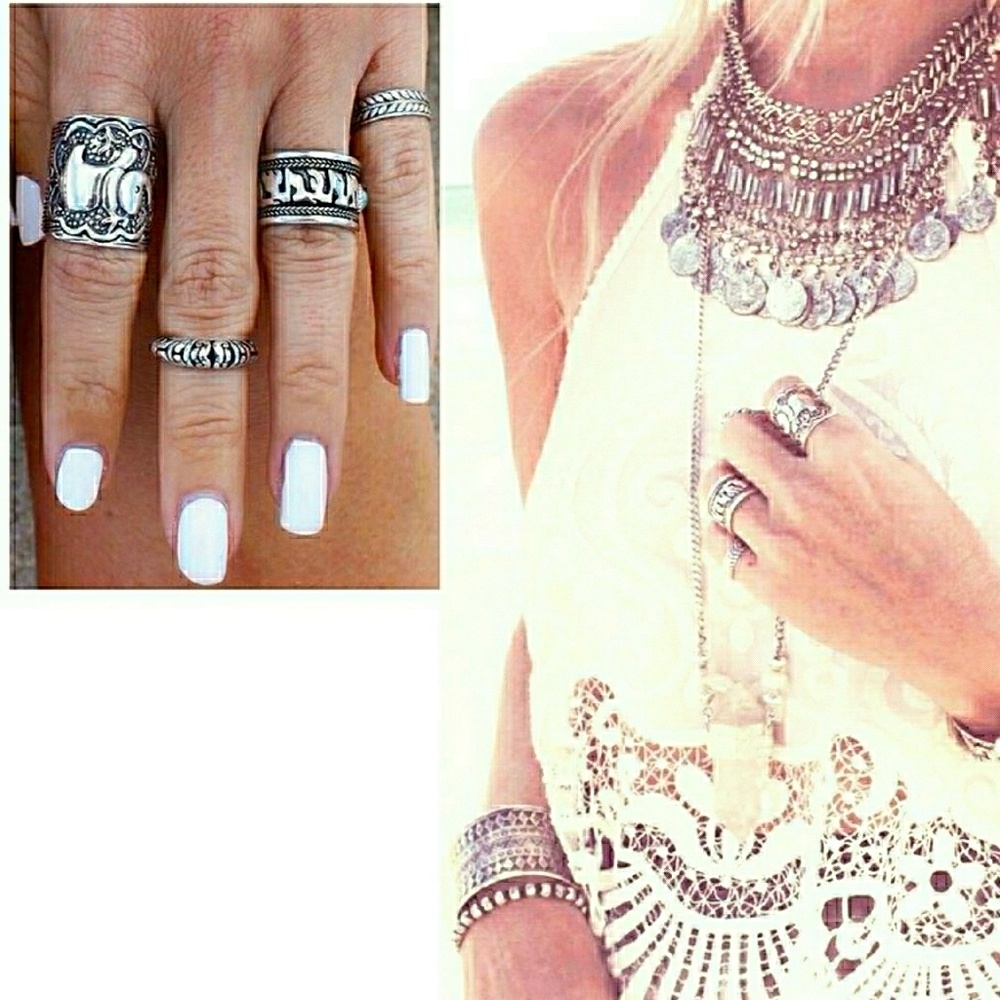 NEW-BOHEMIAN 4PC BOHO ANTIQUE SILVER RING SET - Picture 1 of 5